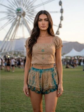 Y2K Anthropologie Tan & Teal Embroidered Ruffled Women’s Festival Shorts